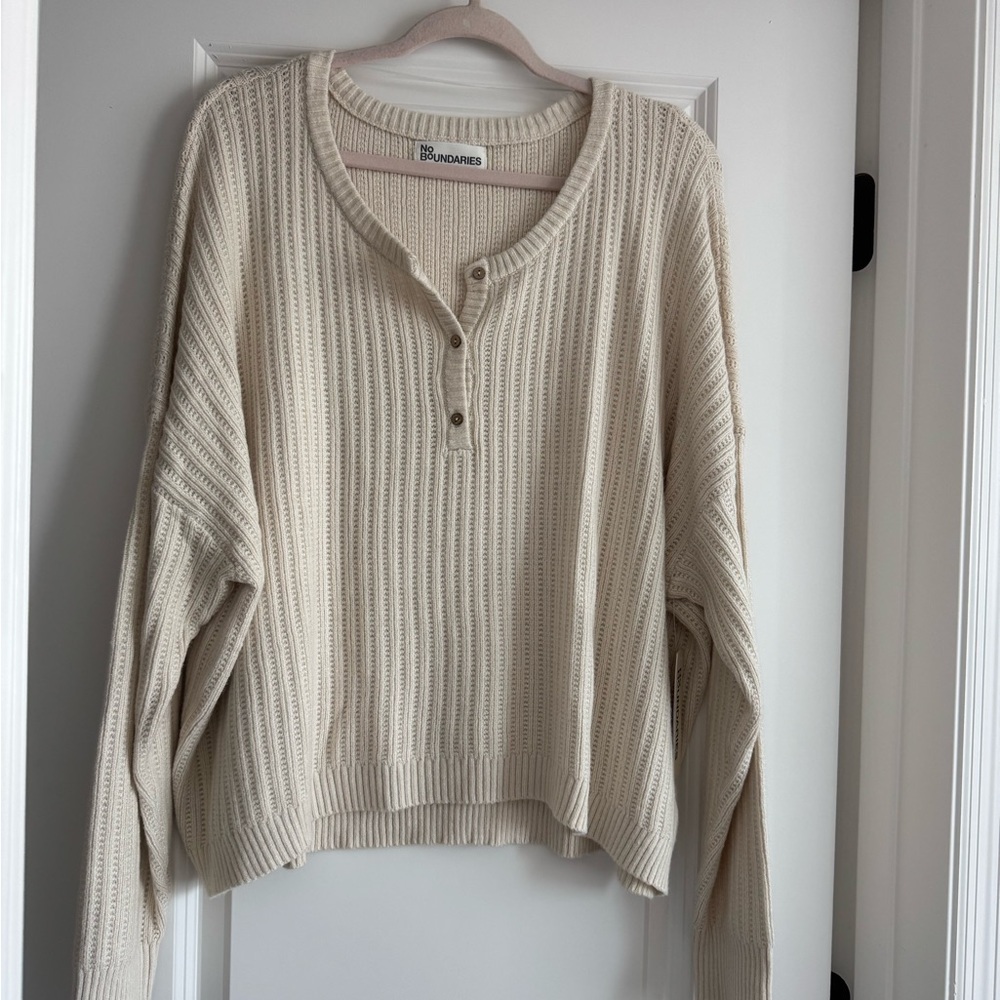 No Boundaries Ribbed Cream Henley Sweater